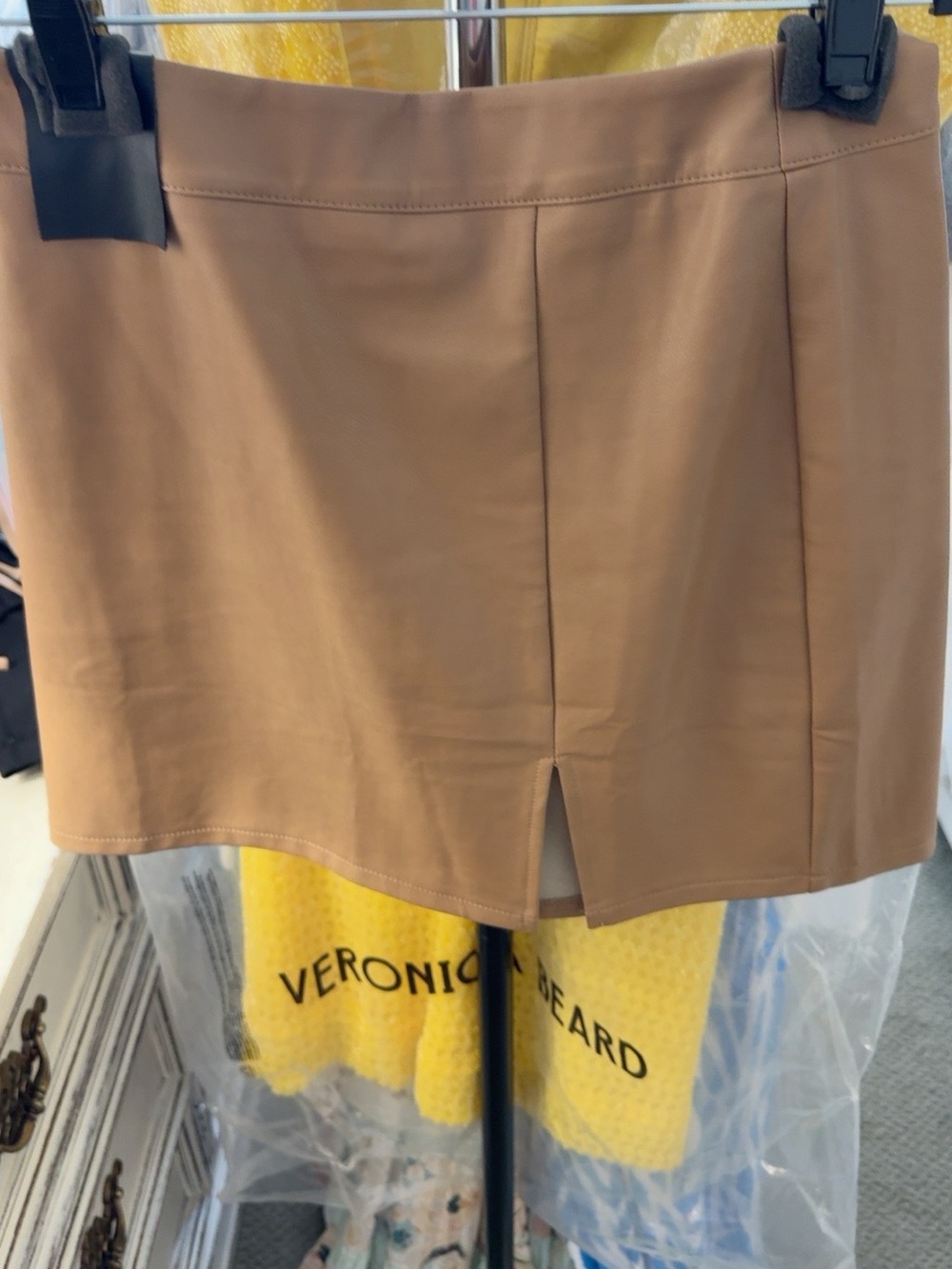 Kittenish Tan Faux-Leather Mini Skirt with Front Slit